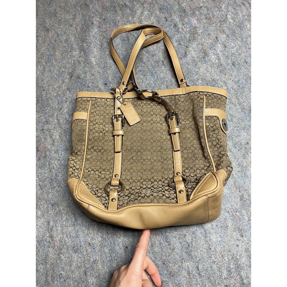 Coach Signature‎ Canvas khaki Brown Leather Gallery Bag Tote Handbag F11526
